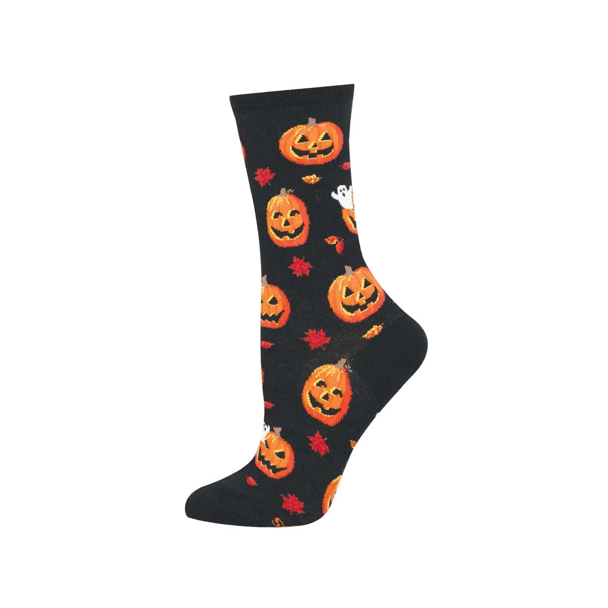Pair of socks with smiling Halloween pumpkins on a black background.