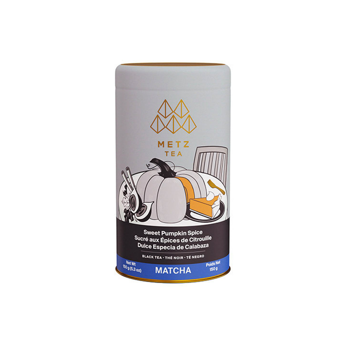 A cylindrical tin of Metz Tea Sweet Pumpkin Spice matcha tea, featuring a white and dark brown label with an illustration of a pumpkin and a matcha leaf, on a solid white background.