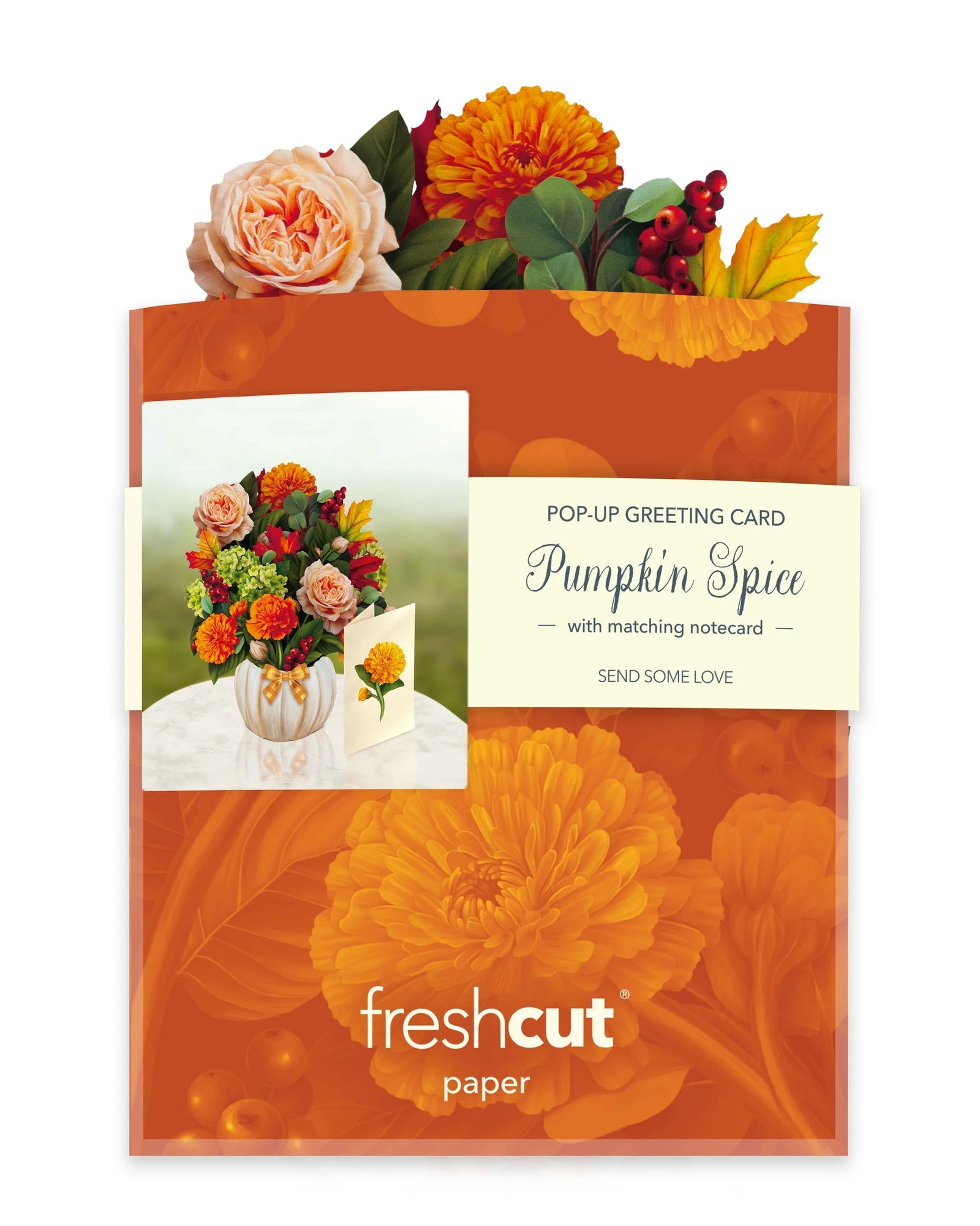 It's pumpkin spice season! Enjoy the cinnamon shades of fall all year long with this Pumpkin Spice paper bouquet. Meticulously designed marigolds, garden roses, green hydrangeas, eucalyptus, red berries, and maple leaves blossom in a white pumpkin vase with a gingham bow. Pop-up greeting card. 5.5" x 5".