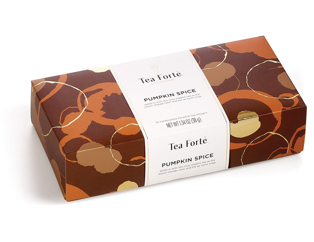 Revel in autumn’s arrival with this comforting pumpkin pie spice blend, a warming black tea in perfect harmony with the changing seasons. Tea Forté's Pumpkin Spice introduces a trio of classic fall spices—cinnamon, ginger and clove—to organic black tea leaves. 10 handcrafted tea infusers. 1.34 oz.