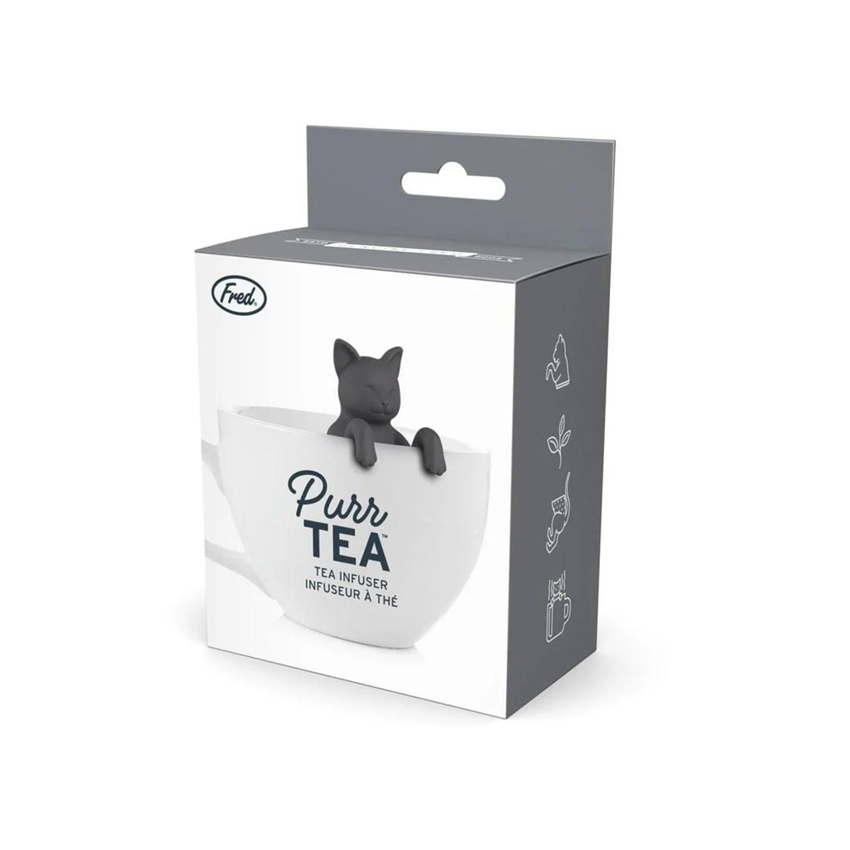 A boxed tea infuser product on a white background. The package is white and gray with a photo of a black cat resting on the rim of a white teacup.