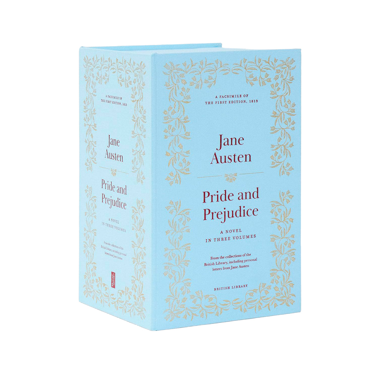Light blue book cover of 'Pride and Prejudice' by Jane Austen with decorative elements on a white background