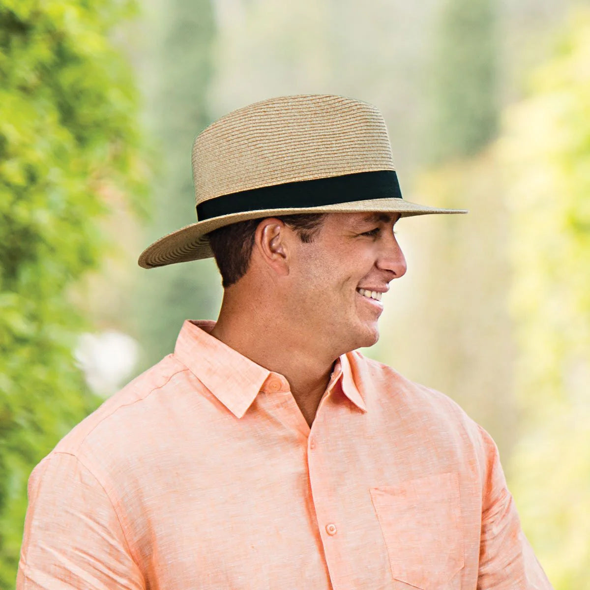 Made from a super soft braided fabric and an adjustable elastic fit system, this hat is designed for comfort. Simple, clean lines make for easy wardrobe coordination. 2¾" brim. Has an adjustable elastic inner band so that you can tighten or loosen for the perfect fit Crown size: 24". UPF 50+. Packable.