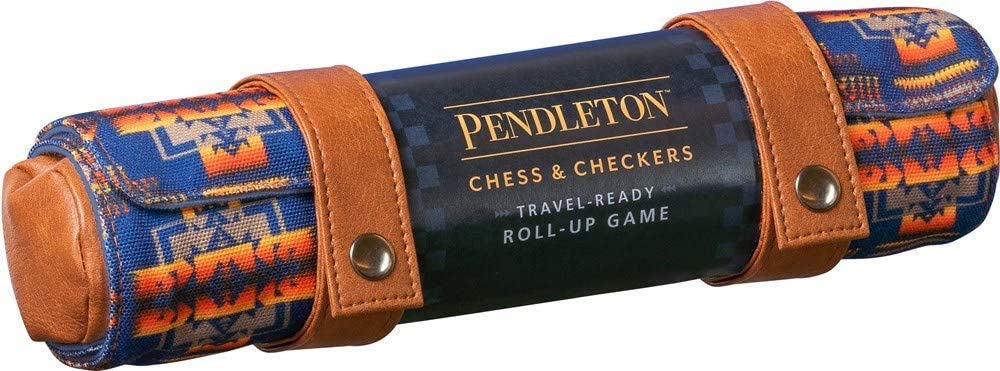 Pendleton Chess & Checkers Set: Travel-Ready Roll-Up Game is a stylishly portable version of the classic games of chess and checkers. With the appeal of a Pendleton blanket. Includes 32 wooden game pieces, reversible game board, detachable storage pouch and instructions. Ages 6+. Features a classic Pendleton design.