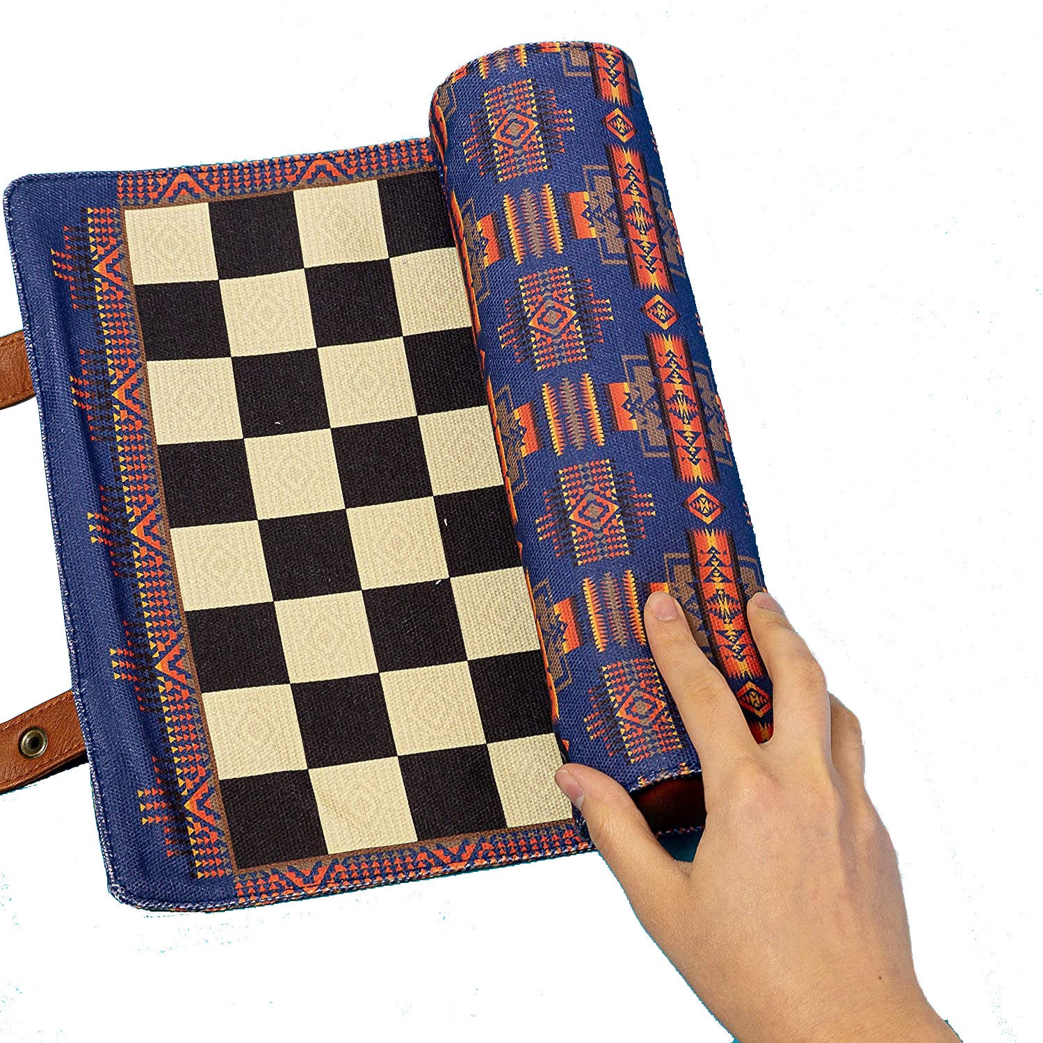 Pendleton Chess & Checkers Set: Travel-Ready Roll-Up Game is a stylishly portable version of the classic games of chess and checkers. With the appeal of a Pendleton blanket. Includes 32 wooden game pieces, reversible game board, detachable storage pouch and instructions. Ages 6+. Features a classic Pendleton design.