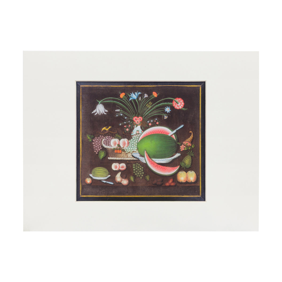 Decorative print with a watermelon and floral design on a white background