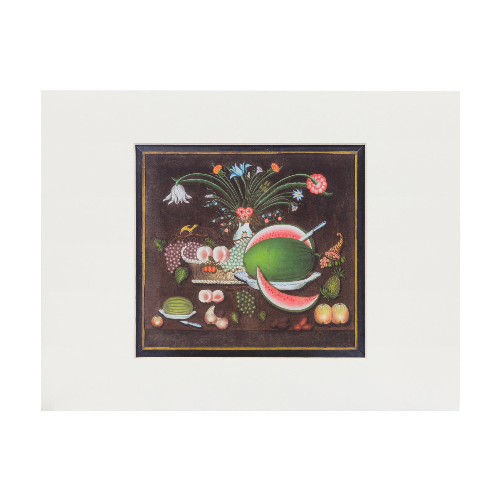Decorative print with a watermelon and floral design on a white background