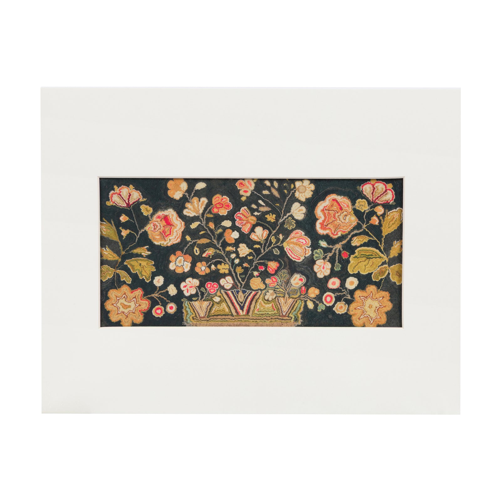 Floral print with a basket of flowers on a dark background, framed by a white border.