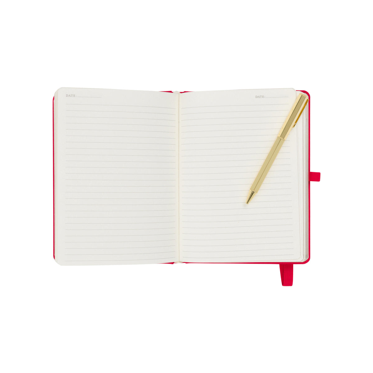 Open notebook with red cover and gold pen on a white background