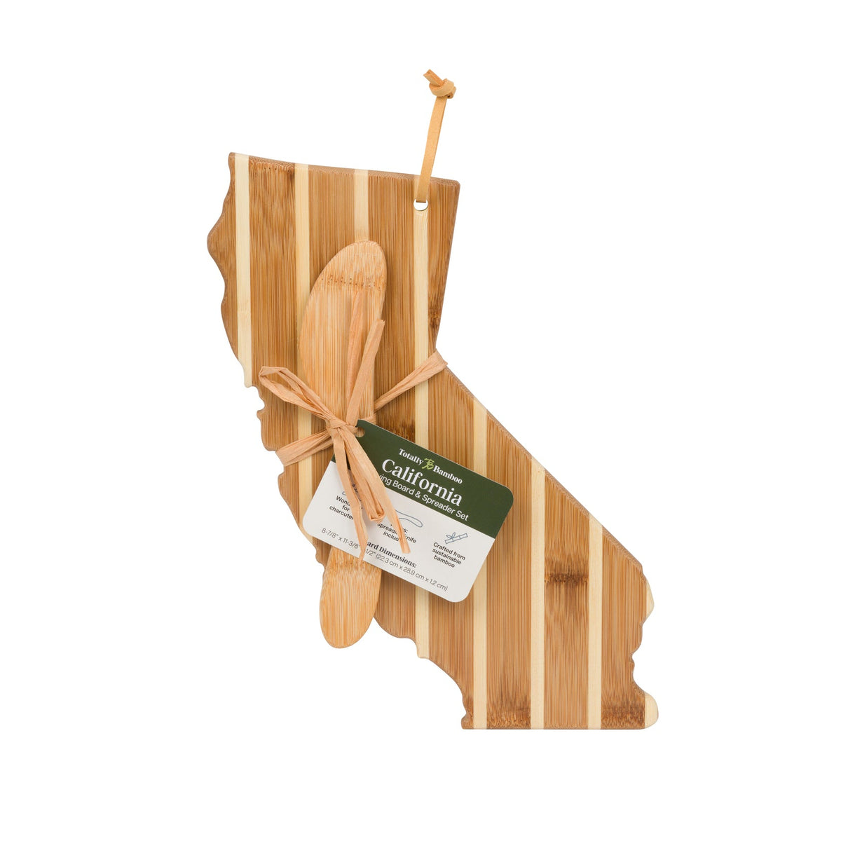 Wooden cutting board shaped like the state of California with a knife on a white background.