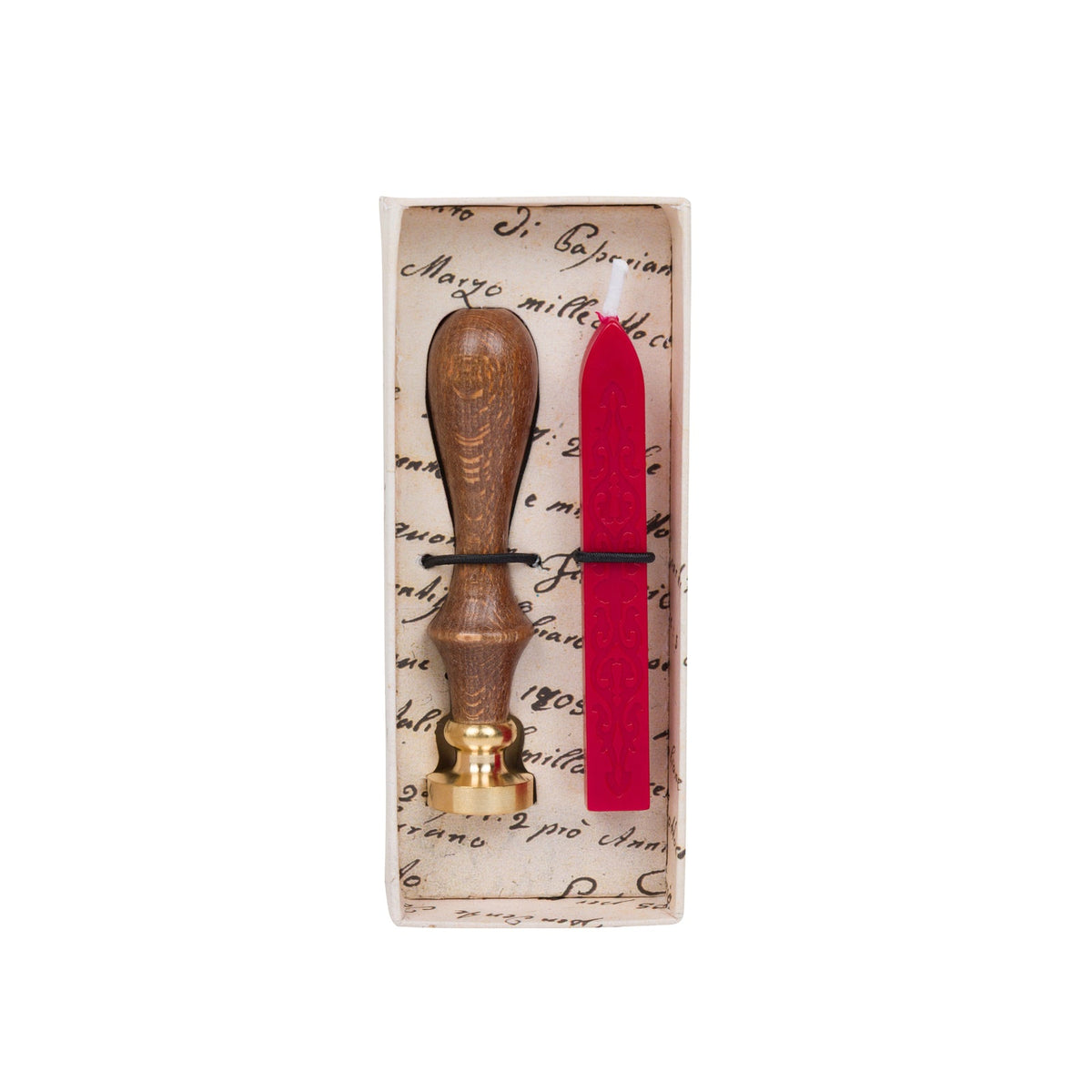 Wax seal set with wooden handle and red sealing wax in packaging on a white background