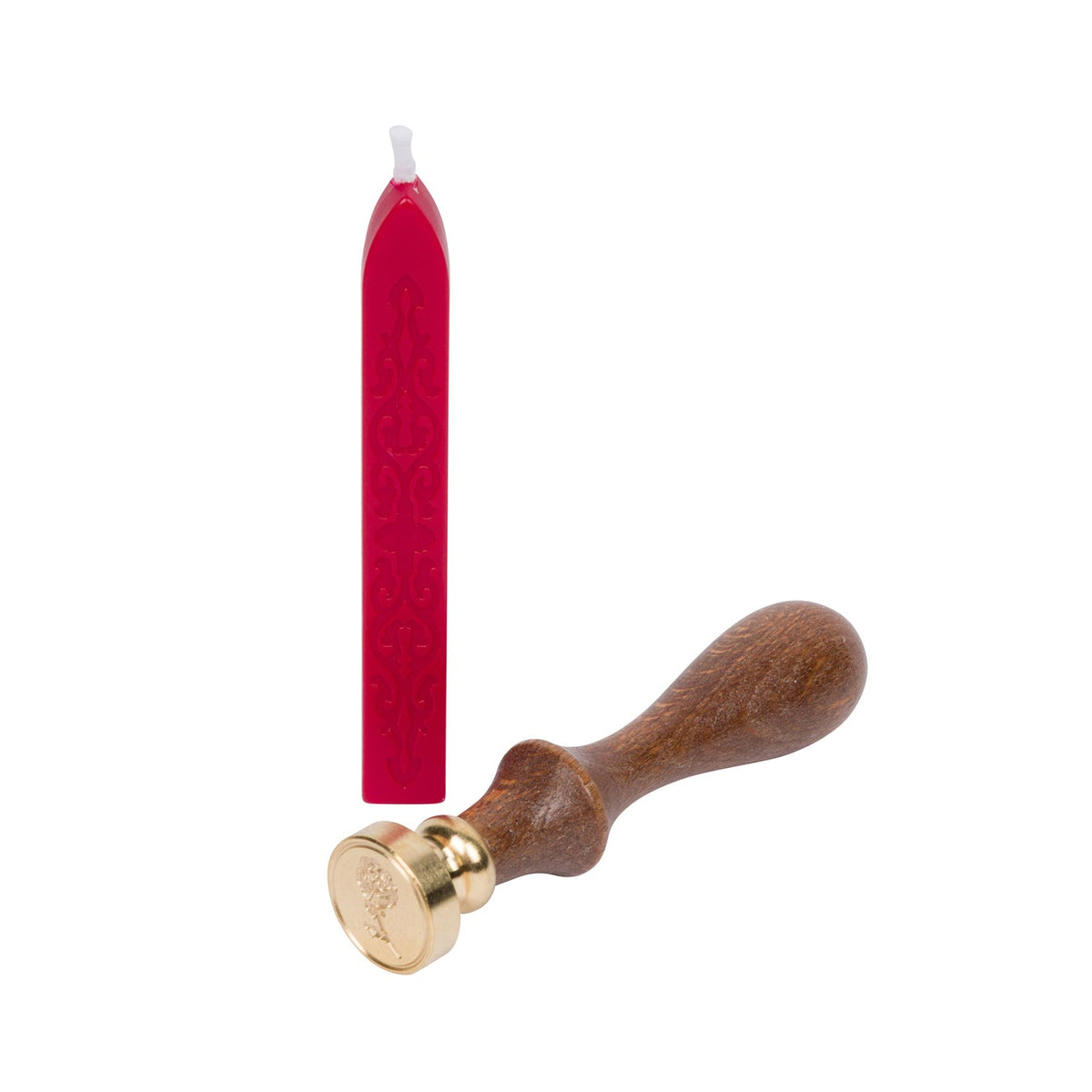 Red candle with wooden handle and gold wax seal on a white background