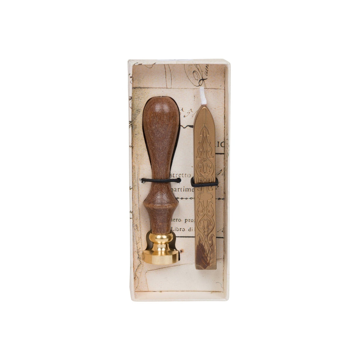 Wooden tool with brass base in a decorative box on a white background