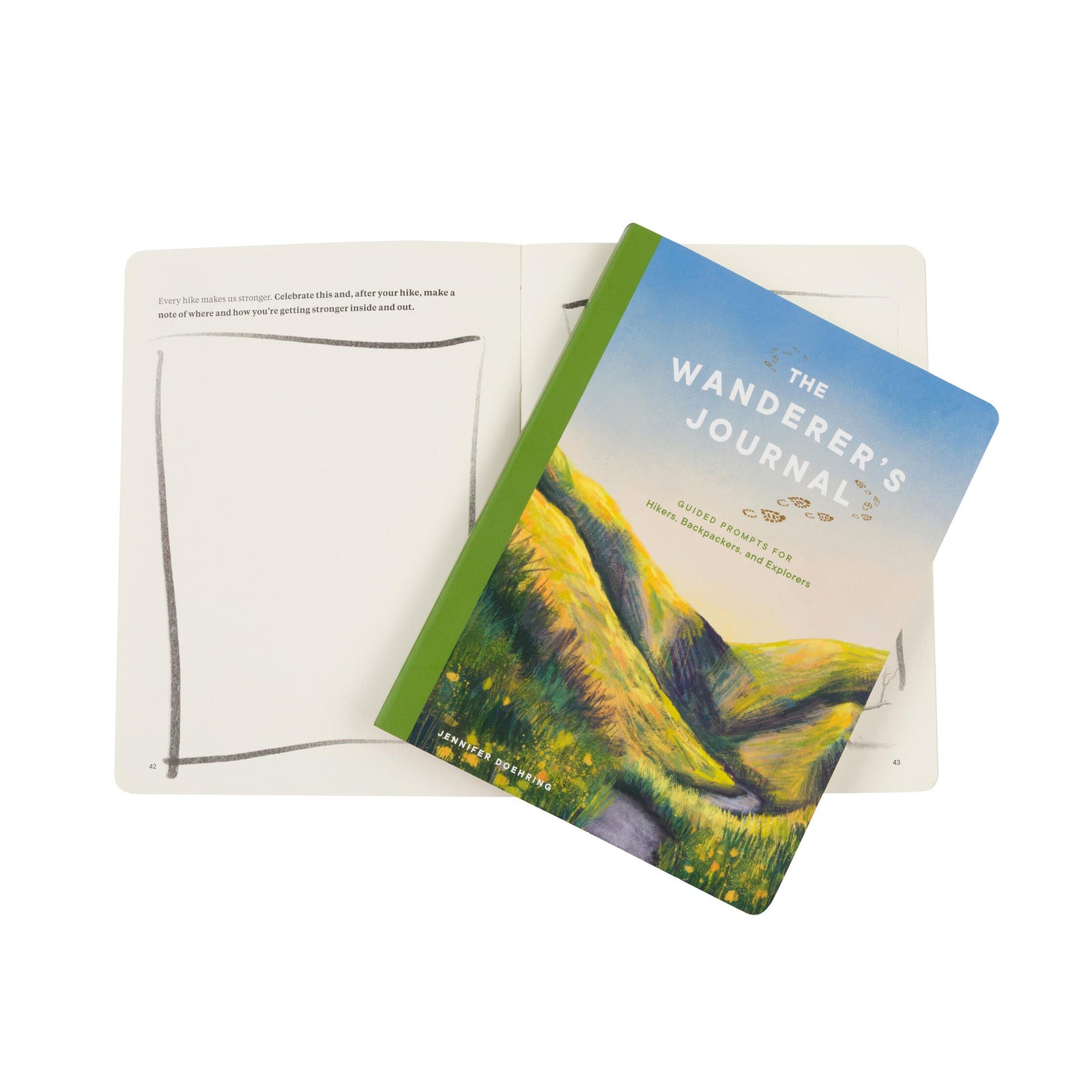 Journal titled 'The Wanderer's Journal' with a mountain illustration on a white background