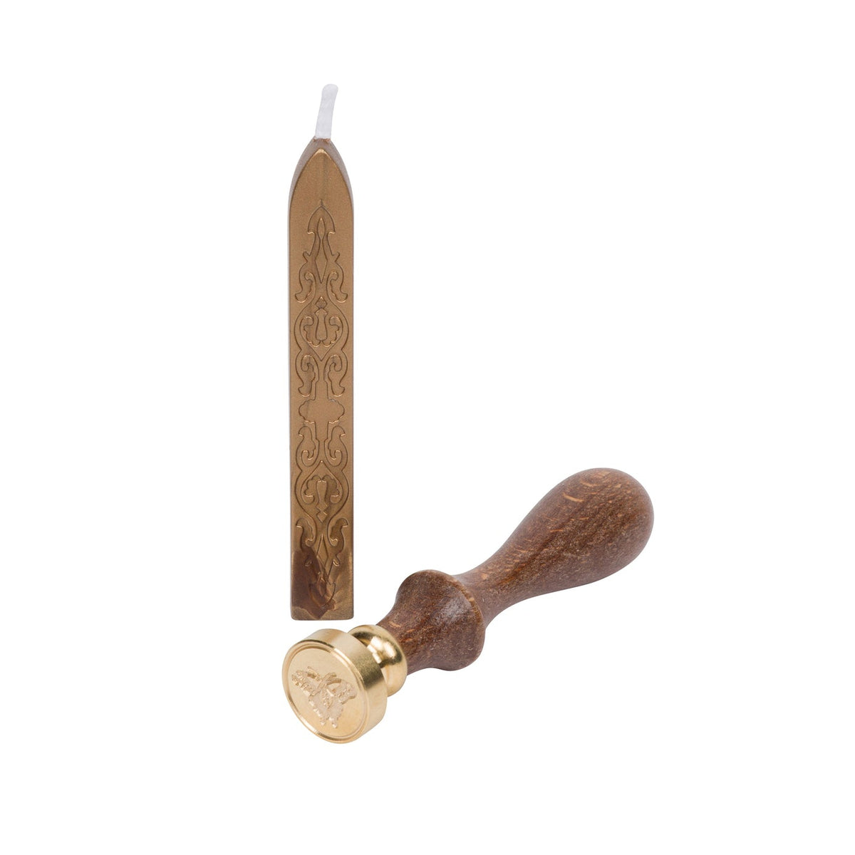 Wooden and brass wax seal tool on a white background