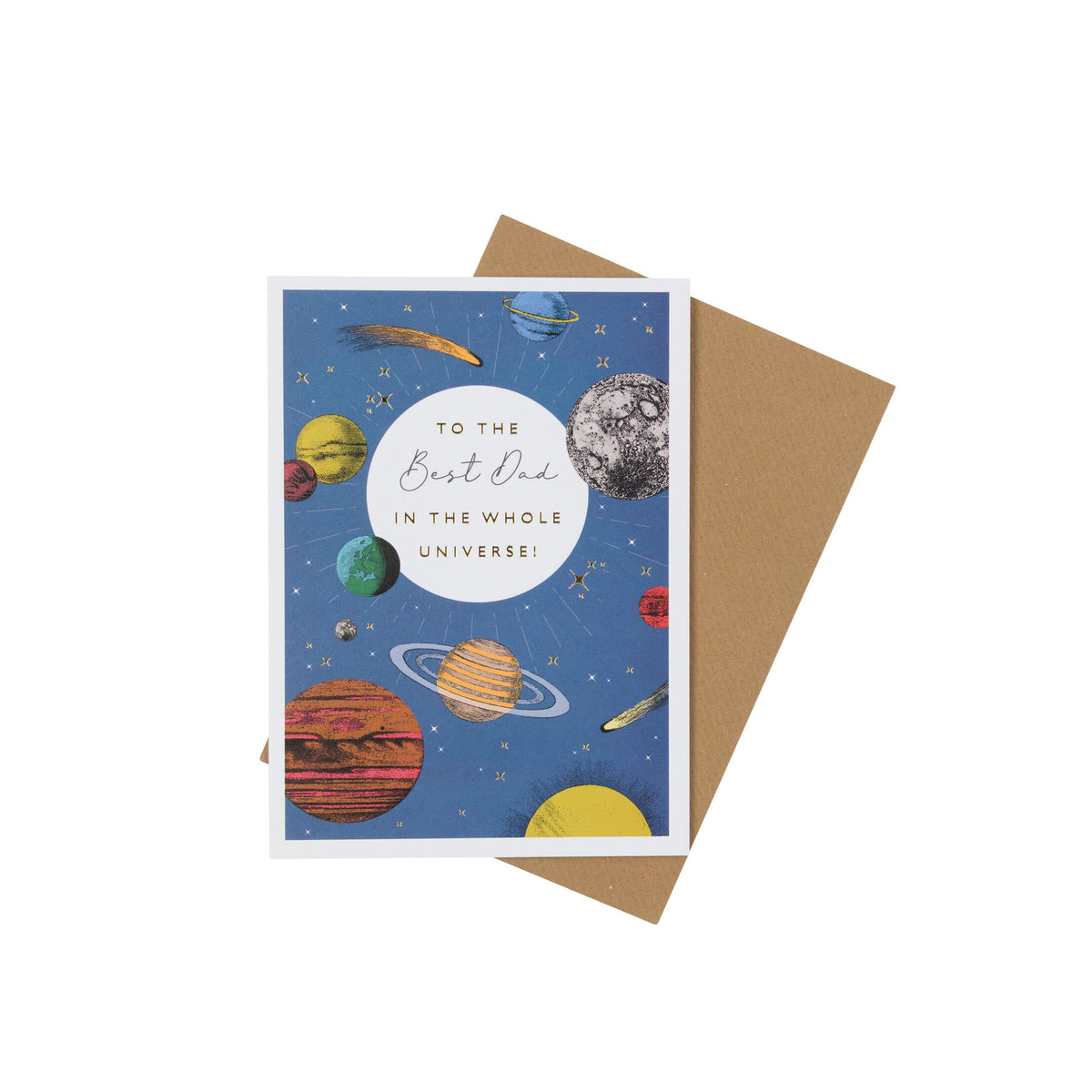 Greeting card with space-themed design and envelope on a white background