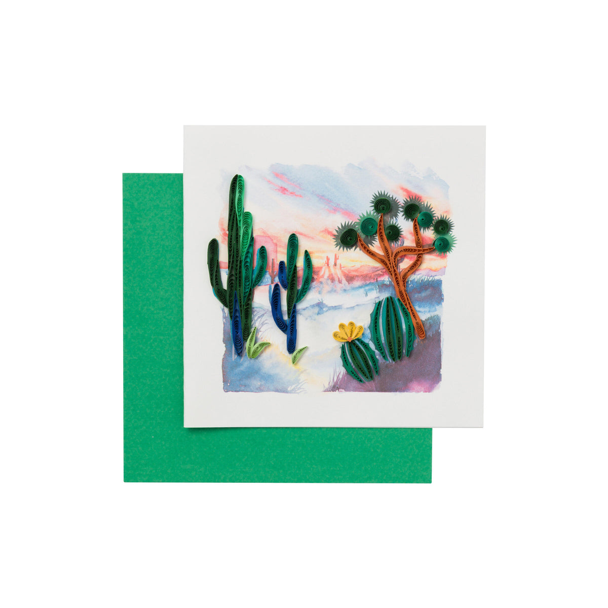 Card with desert scene featuring cacti on a white background