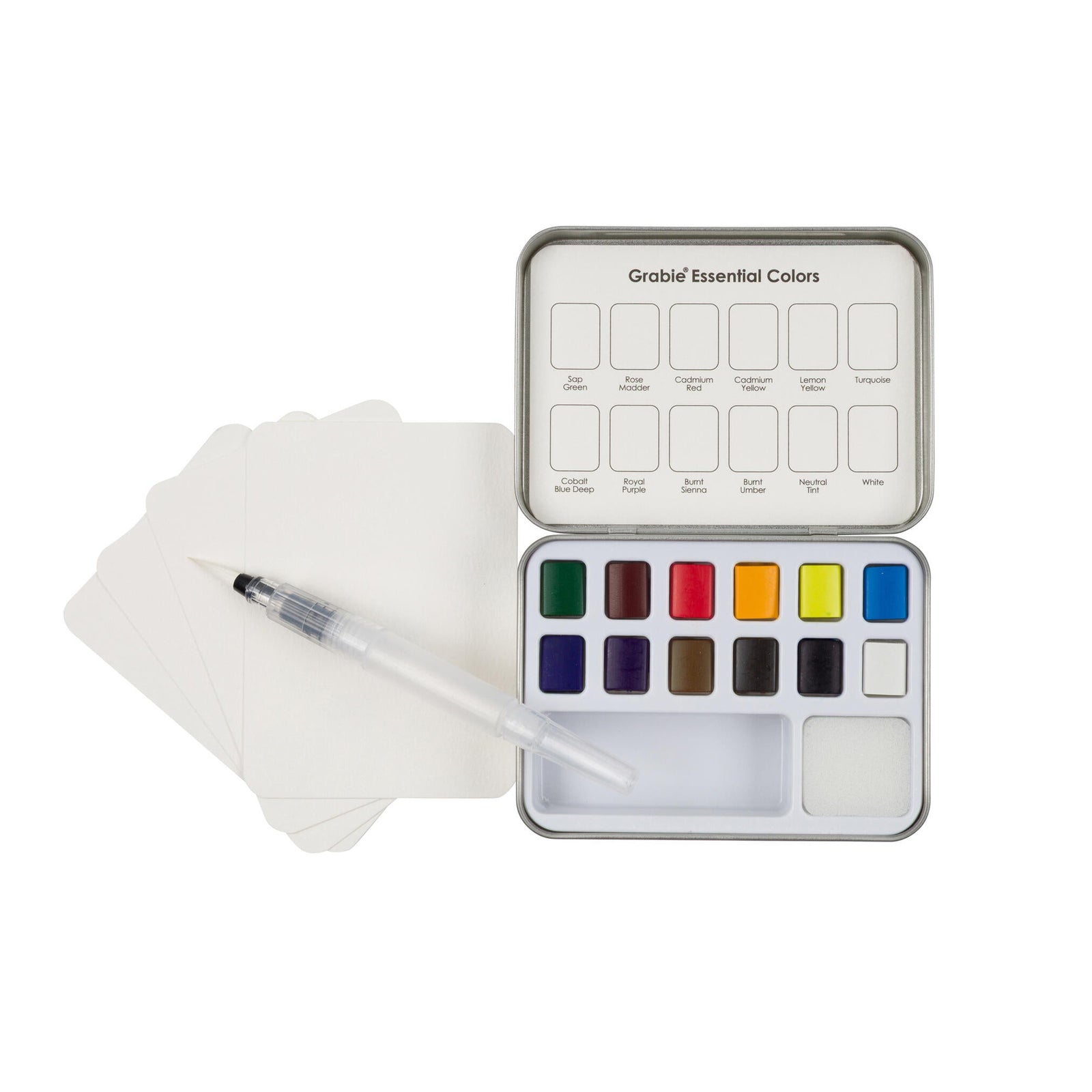 Watercolor paint set with color swatches on a white background