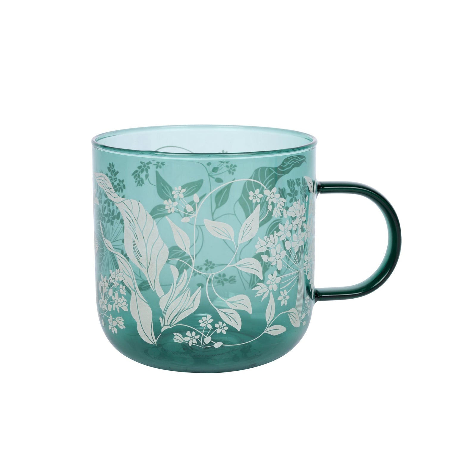 Teal green glass mug with white floral pattern on a white background