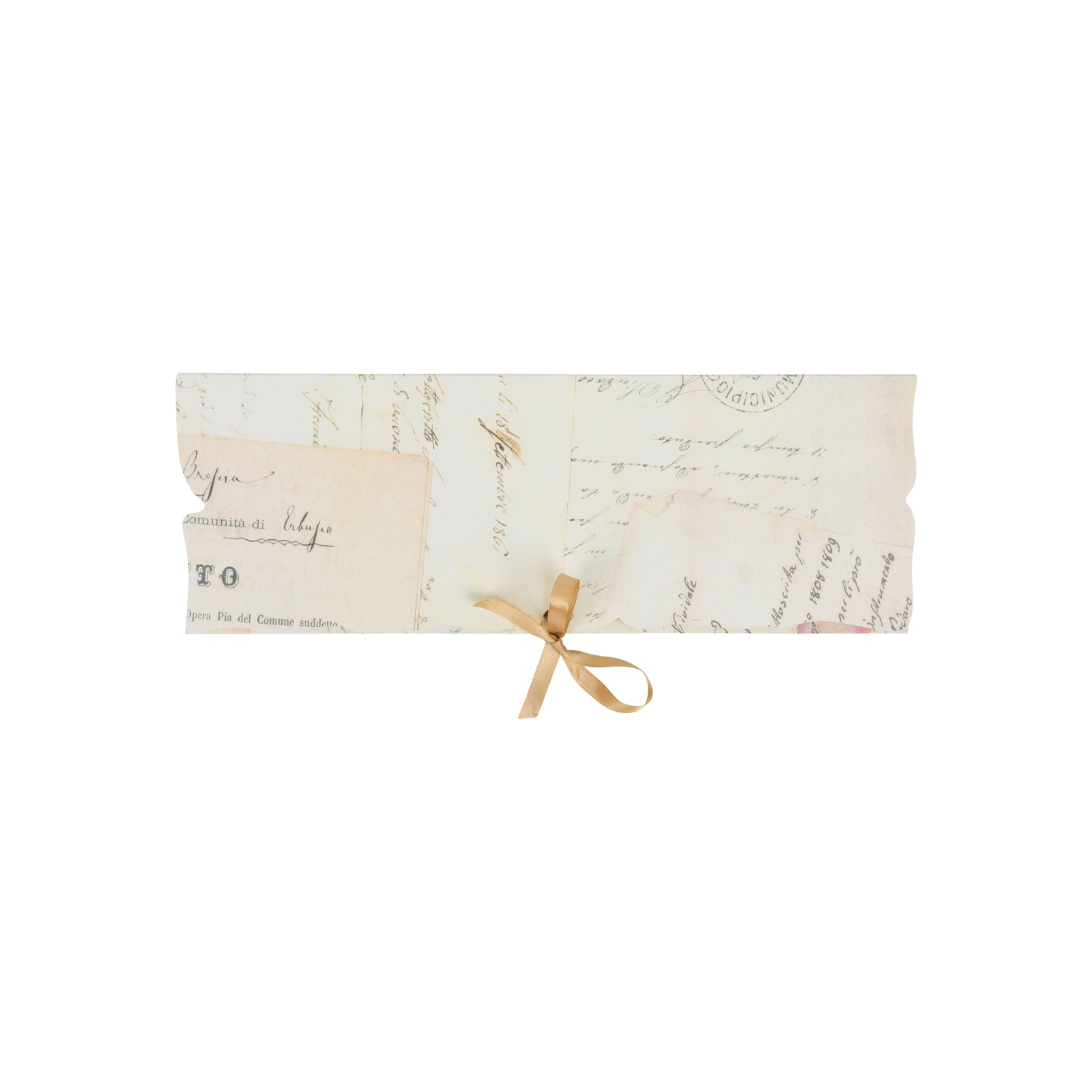 Decorative dip-pen set with vintage-style design featuring letters, a quill, and wax seal on a white background.