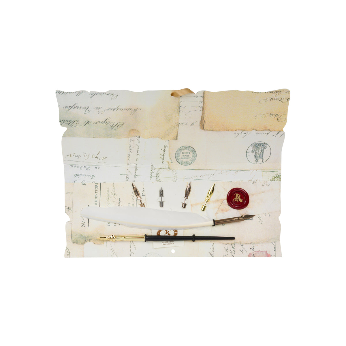 Decorative dip-pen set with vintage-style design featuring letters, a quill, and wax seal on a white background.