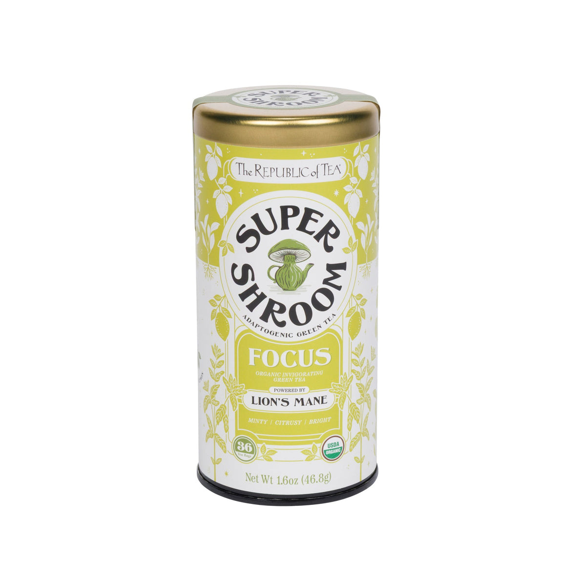 Super Shroom focus tea canister on a white background