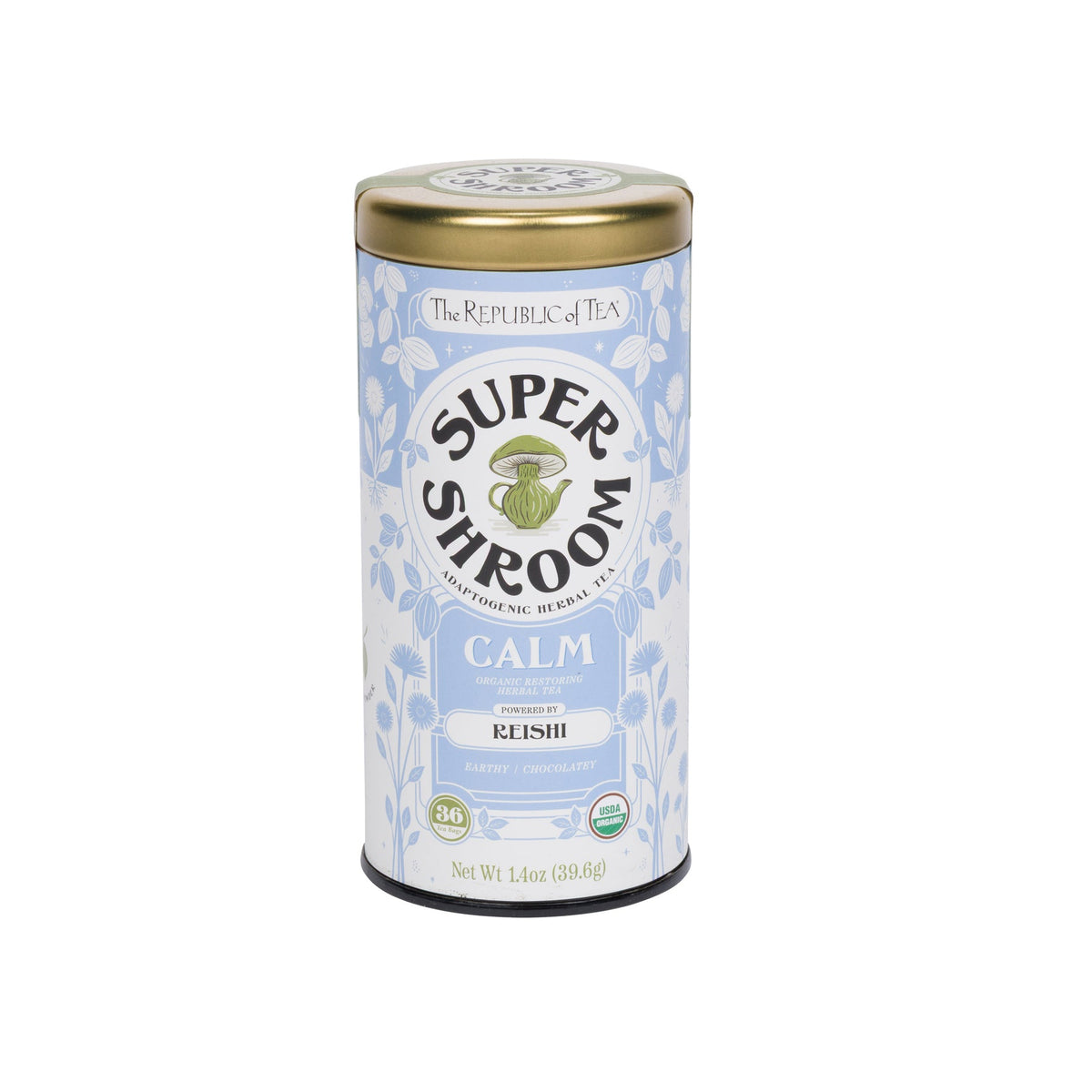 Super Shroom calm tea canister on a white background