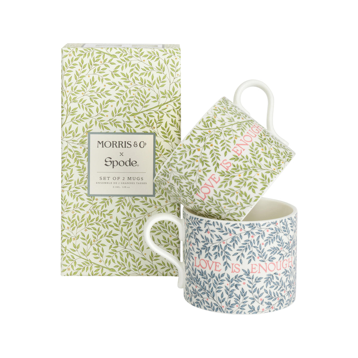 Set of two mugs with floral patterns and 'Morris & Co' branding, displayed with a patterned box on a white background.