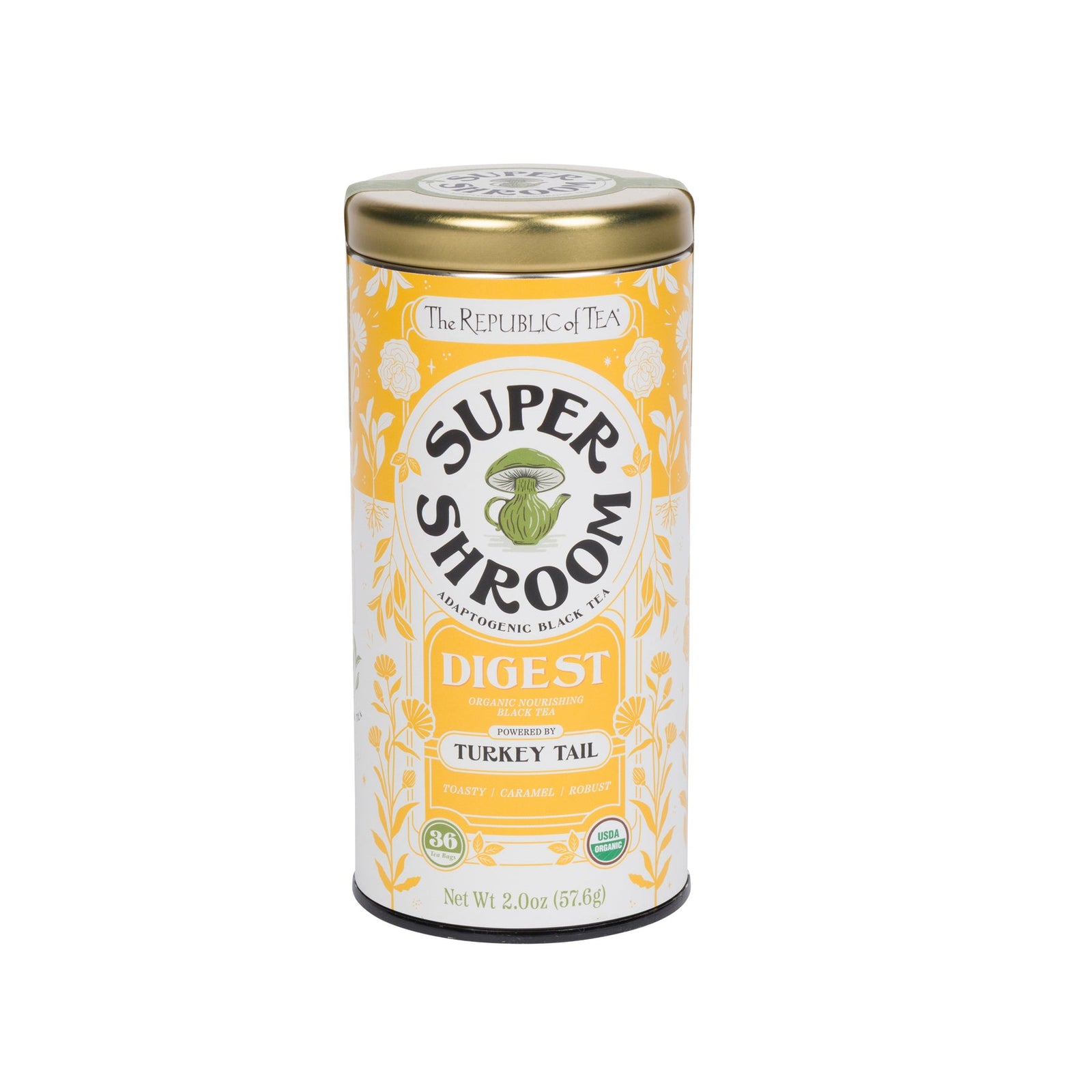 Super Shroom Digest tea canister with gold lid on a white background