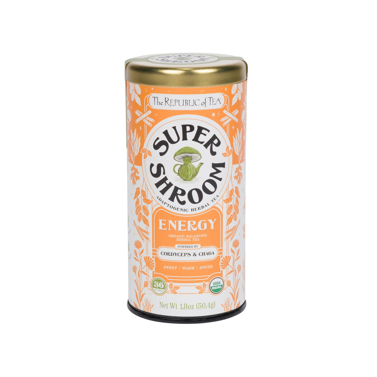 Super Shroom Energy tea canister on a white background