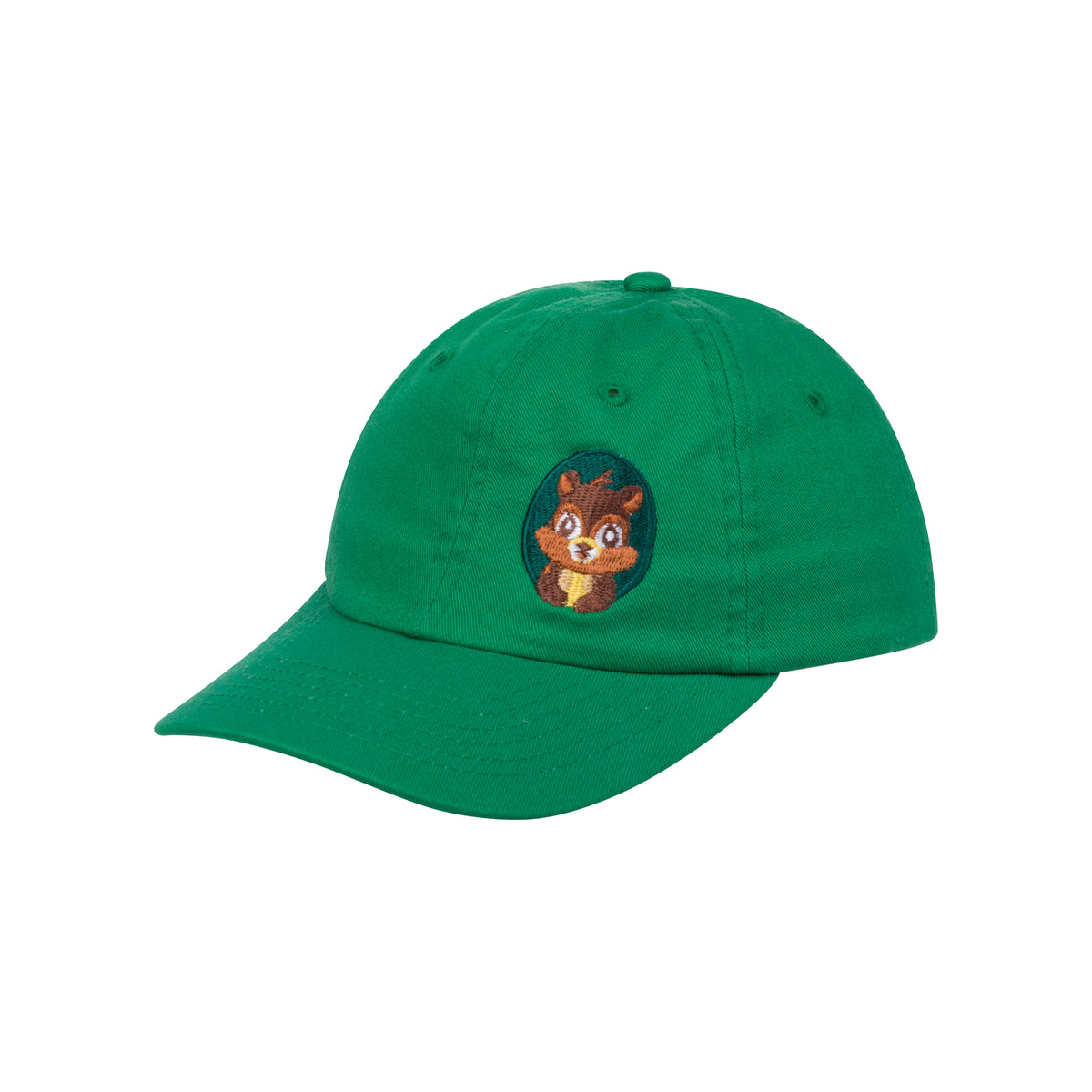 Green Huntington kids' baseball cap with a small, embroidered squirrel design on a white background