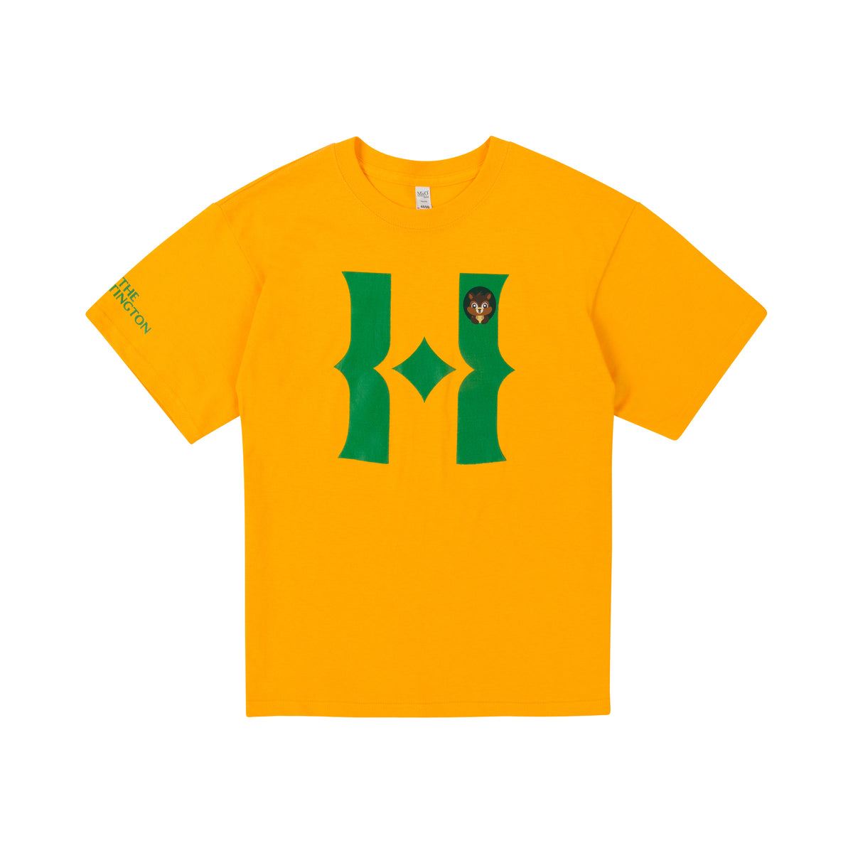 Yellow t-shirt with green Huntington 'H' logo design on a white background