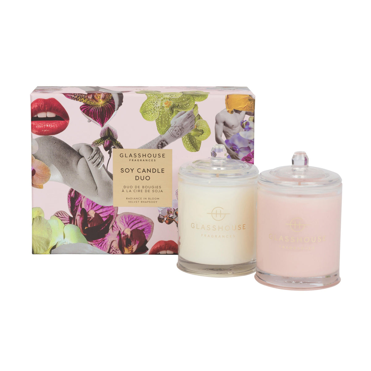 Glasshouse Soy Candle Duo with colorful packaging on a white background