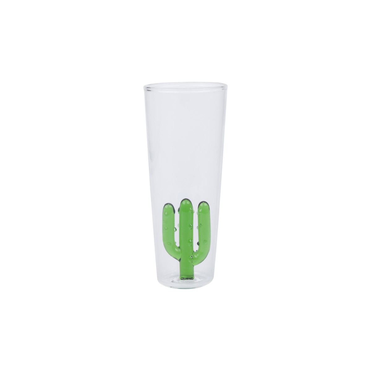 Clear glass shot glass with a green cactus design on a white background