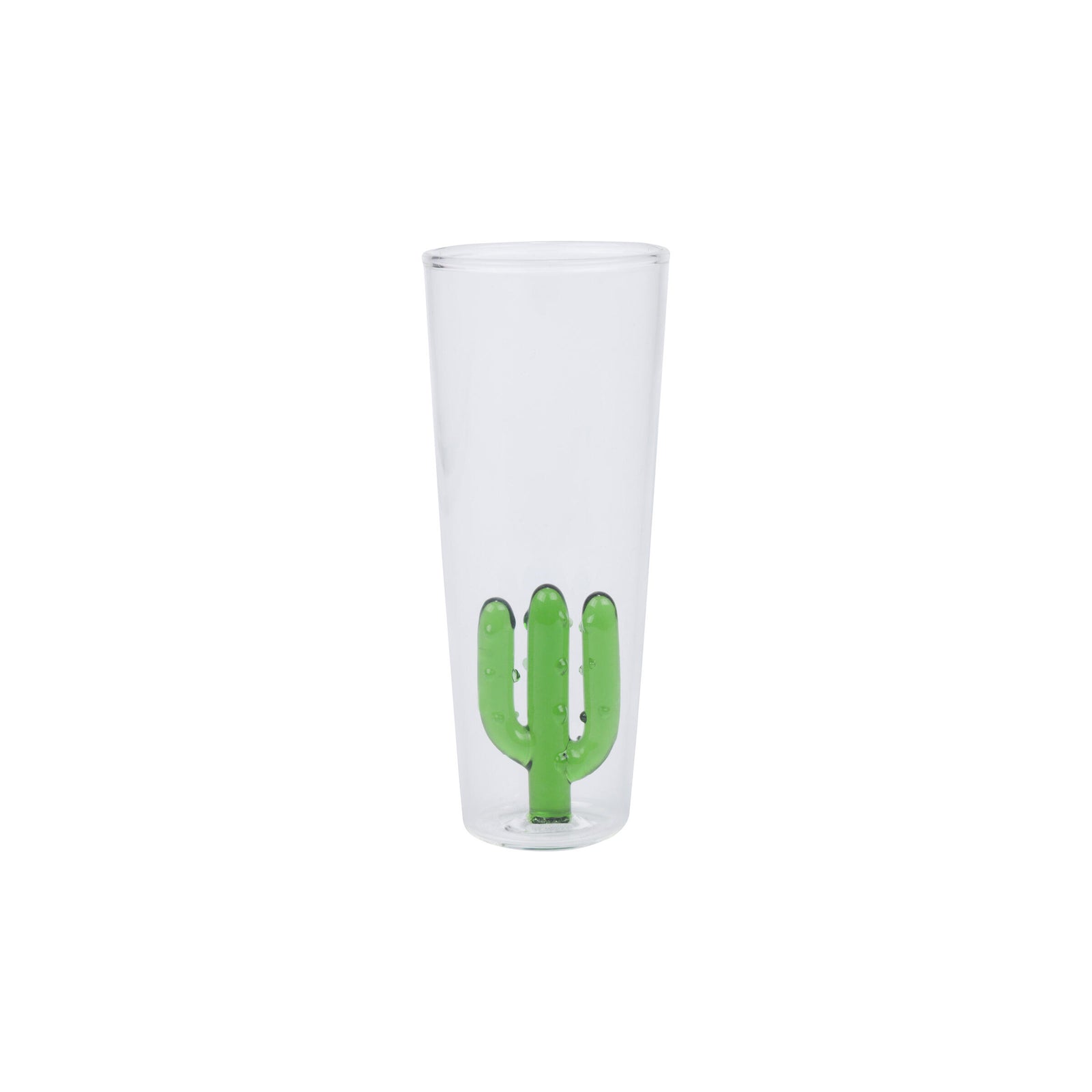 Clear glass shot glass with a green cactus design on a white background