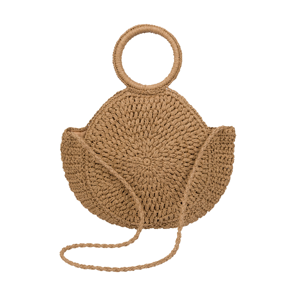 Brown woven handbag with round handles on a white background