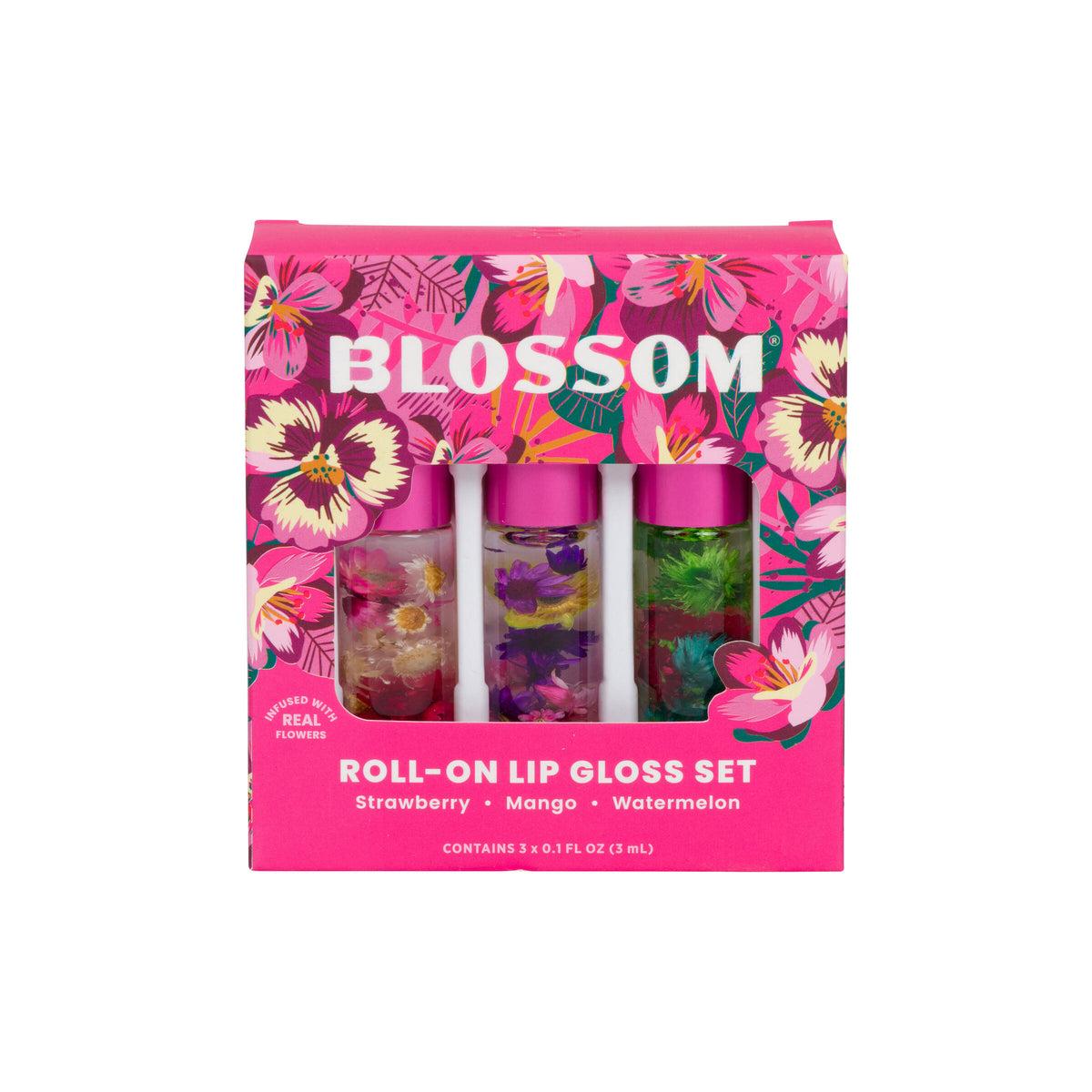 Blossom roll-on lip gloss set packaging with floral design on a white background