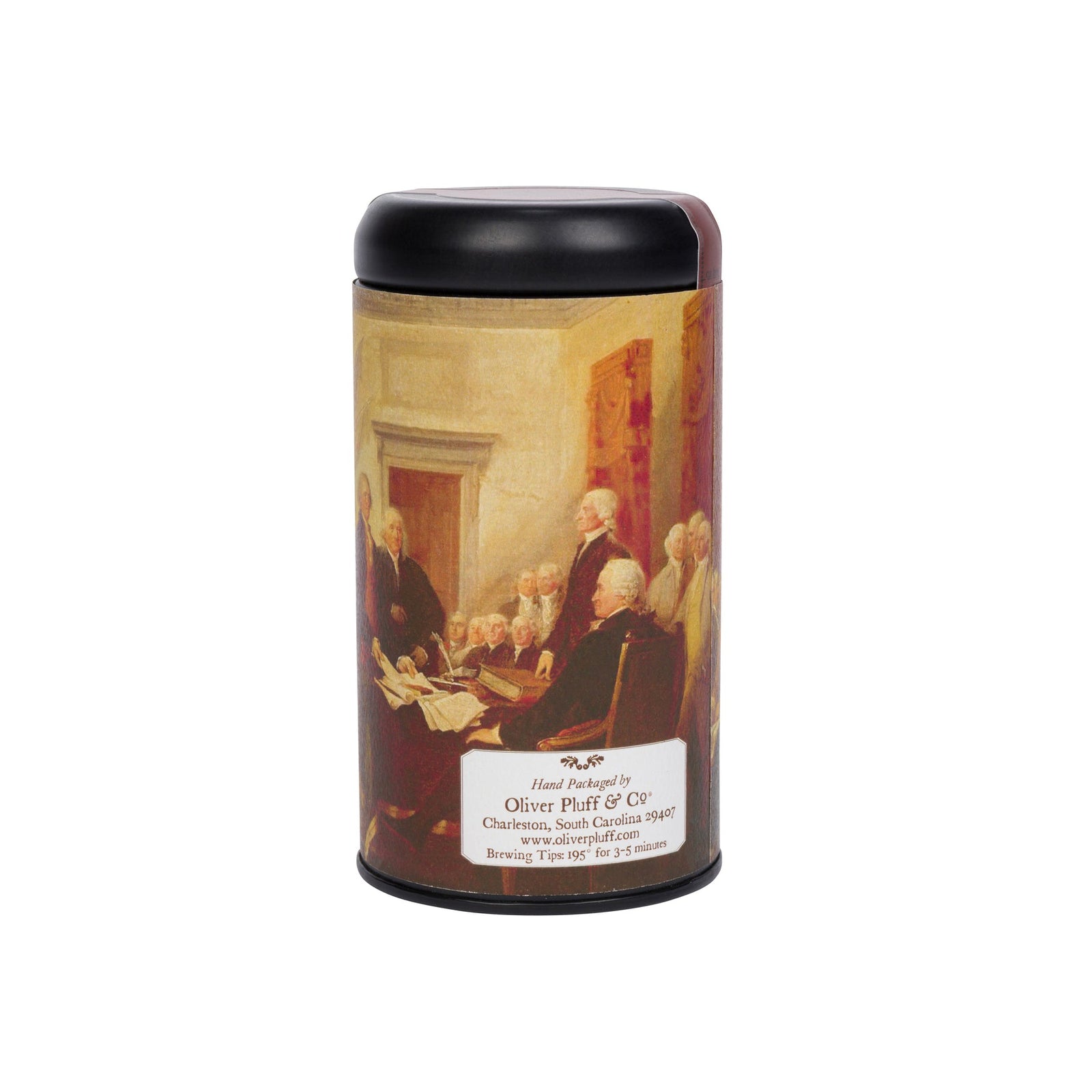 Tea canister with historical design on a white background