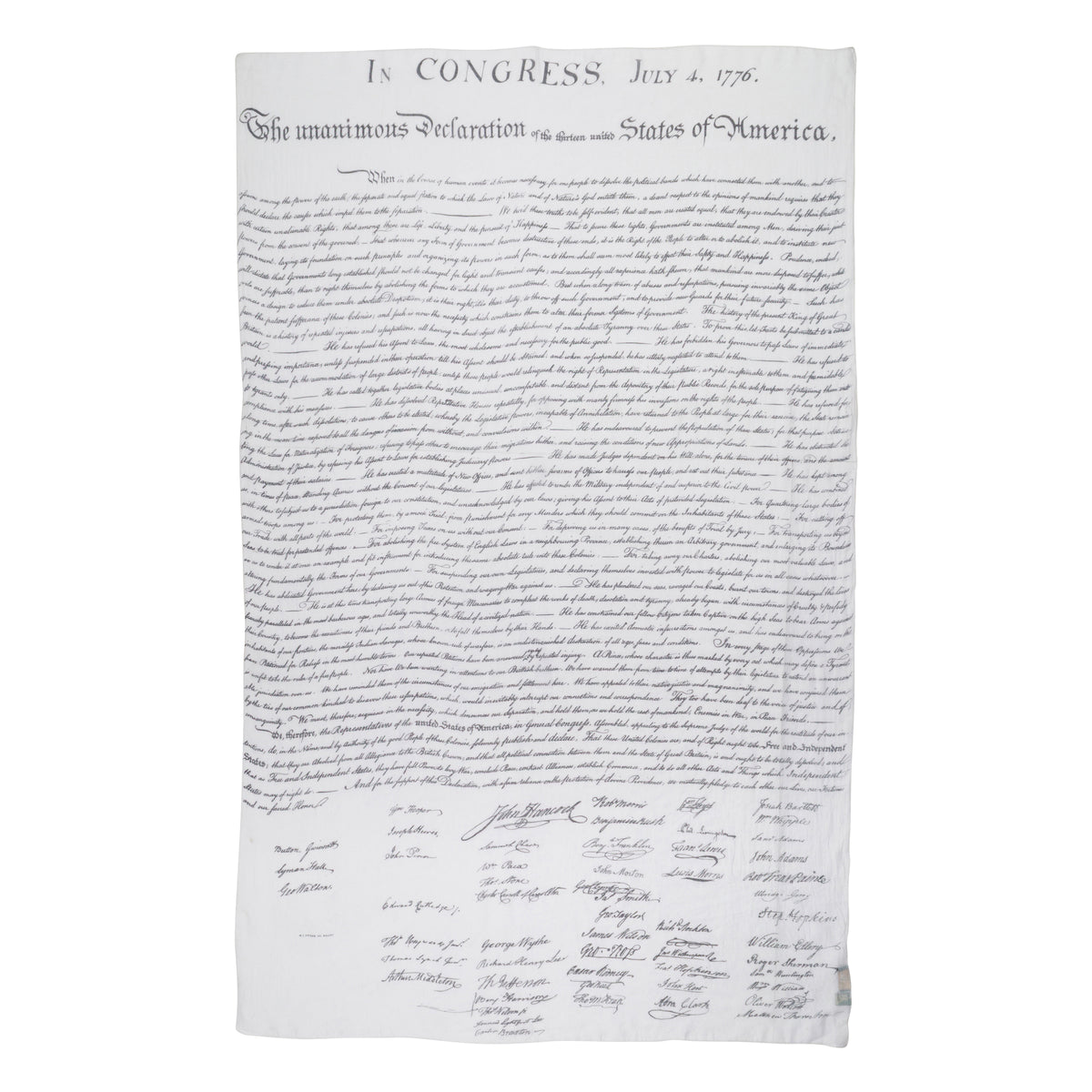 Scarf with text resembling the Declaration of Independence on a white background