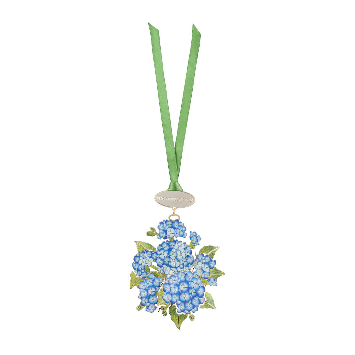 Metal ornament featuring blue hydrangea flowers an 'The Huntington' wordmark.