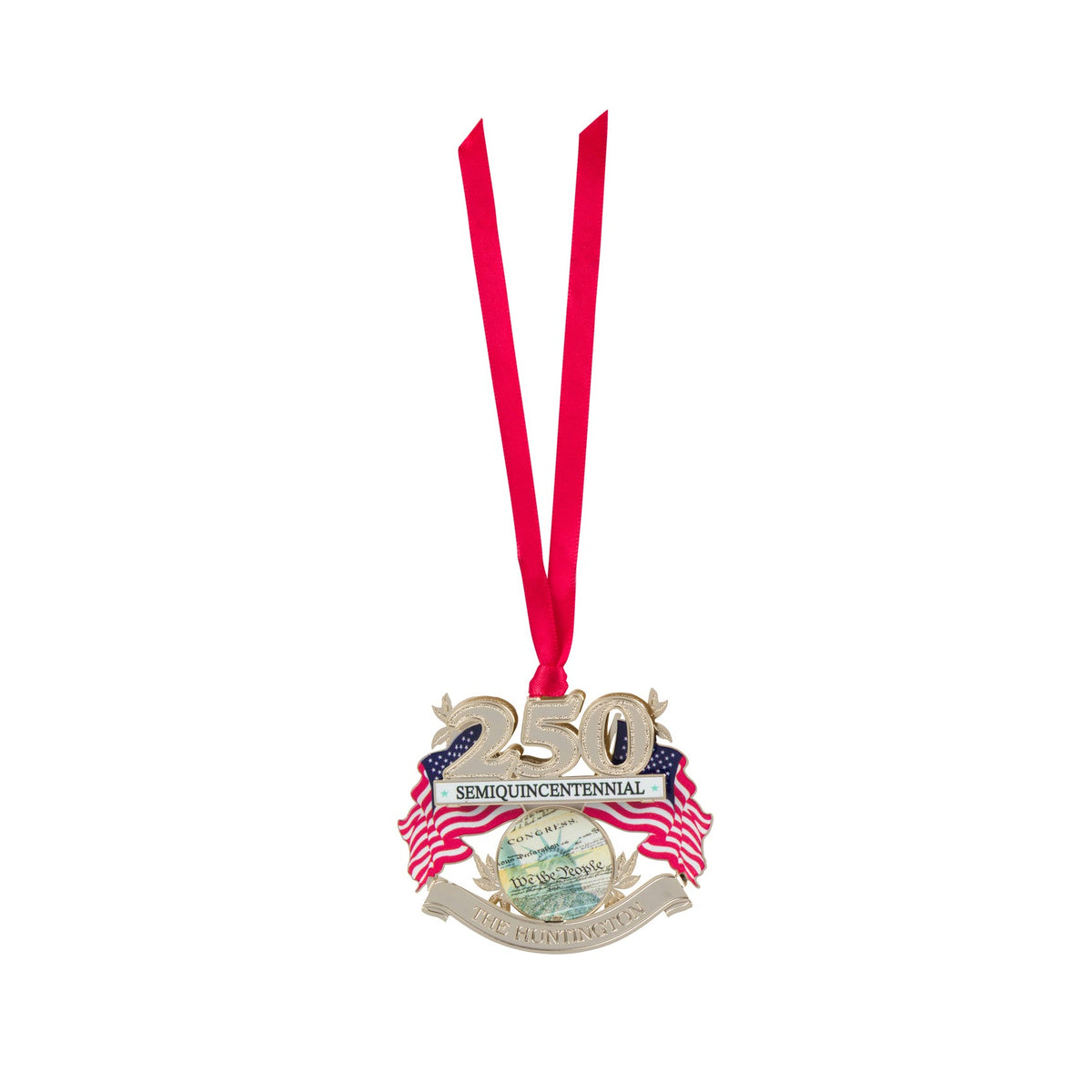 USA semi quincentennial ornament with '250' and ribbon on a white background