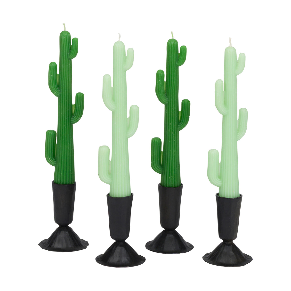 Four cactus-shaped candles with gradient green colors on a white background