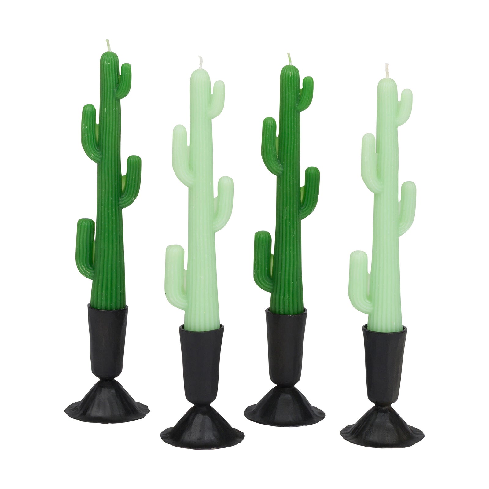 Four cactus-shaped candles with gradient green colors on a white background