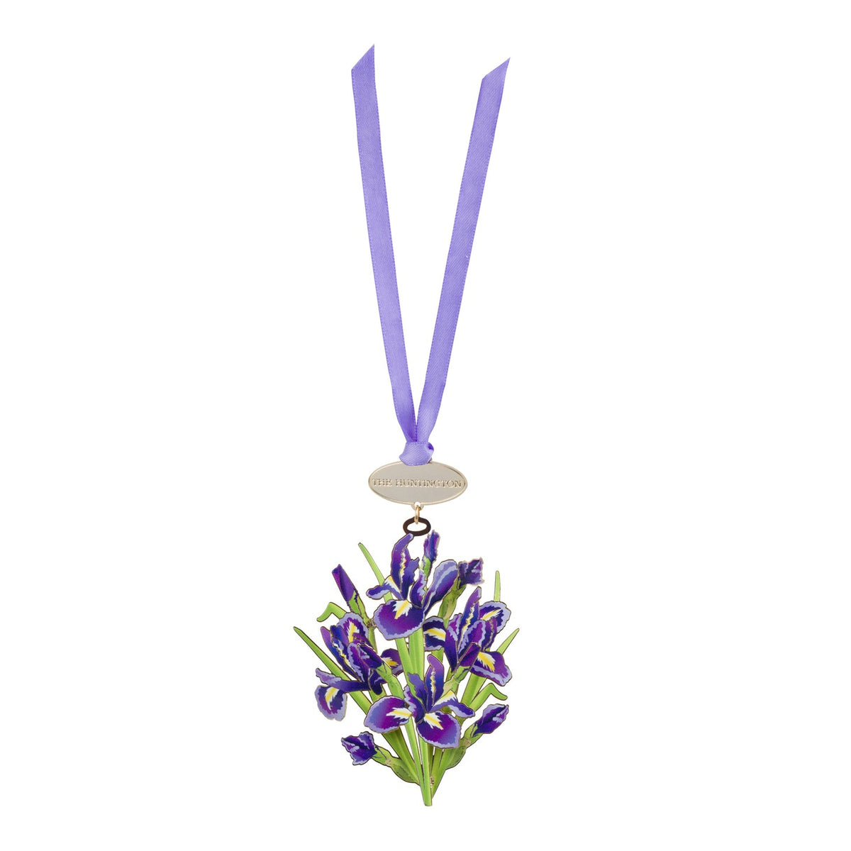 Silver ornament featuring a bouquet of purple Iris' with a lilac ribbon trim and 'The Huntington' wordmark on a white background.