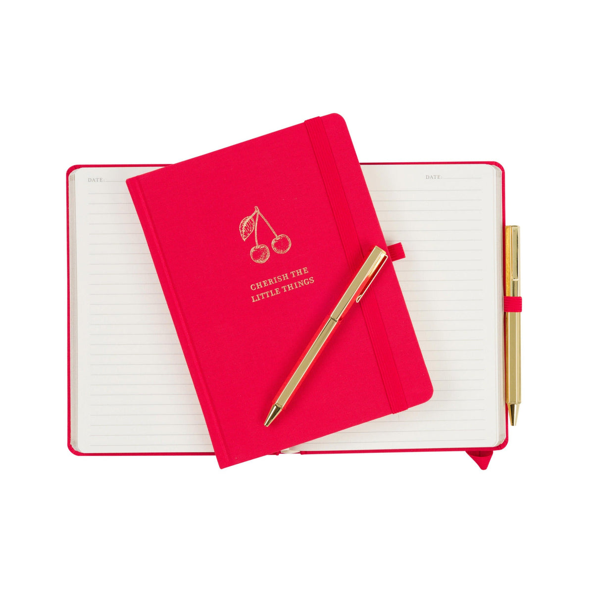Red notebook with a gold pen on a white background