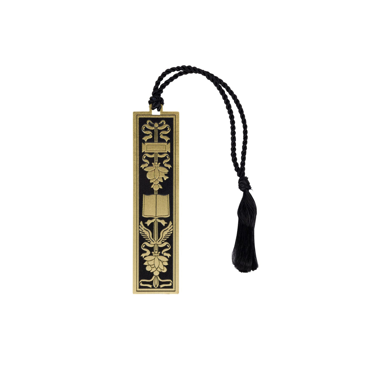 Decorative gold bookmark with black tassel on a white background