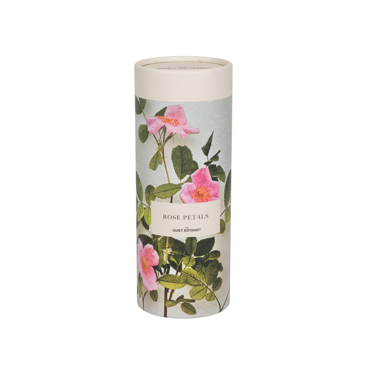 Cylindrical container with floral design and 'Rose Petals' text on a white background