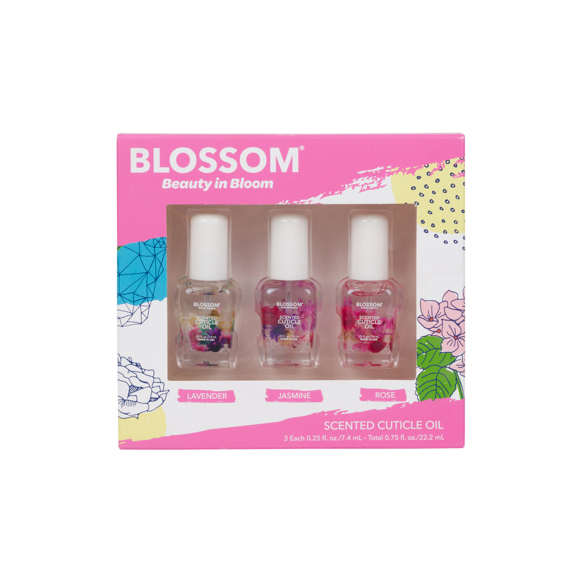 Blossom scented cuticle oil set with three bottles in a decorative box on a white background