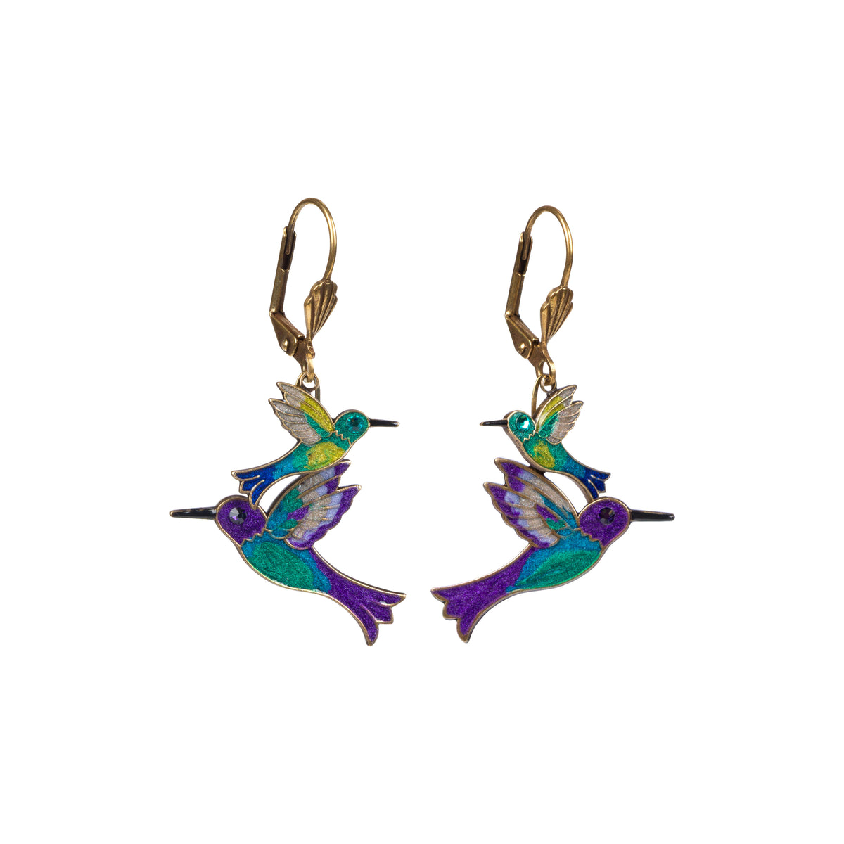Colorful hummingbird earrings on a white background