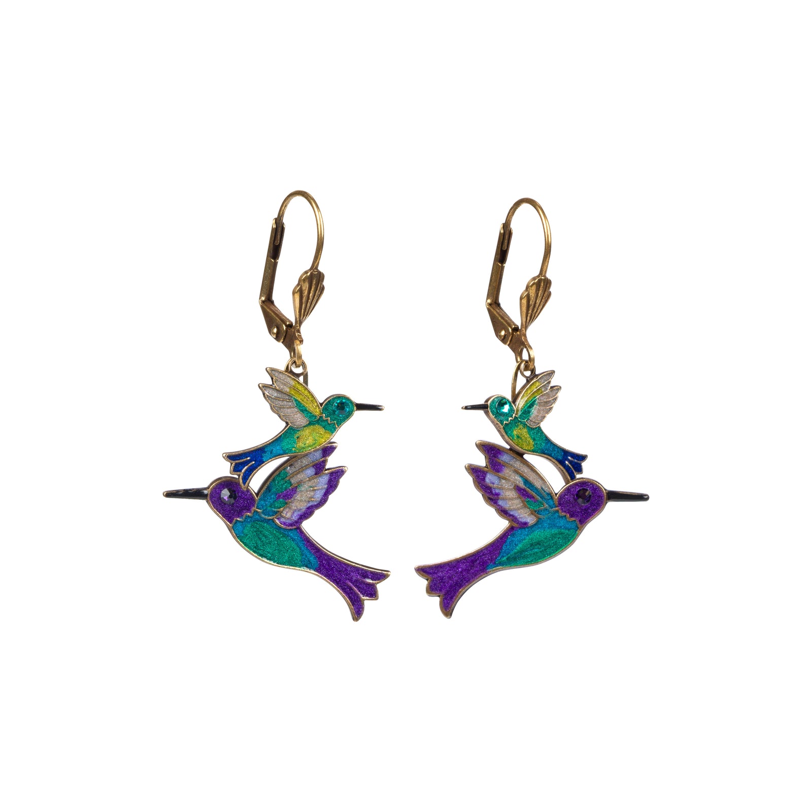 Colorful hummingbird earrings on a white background